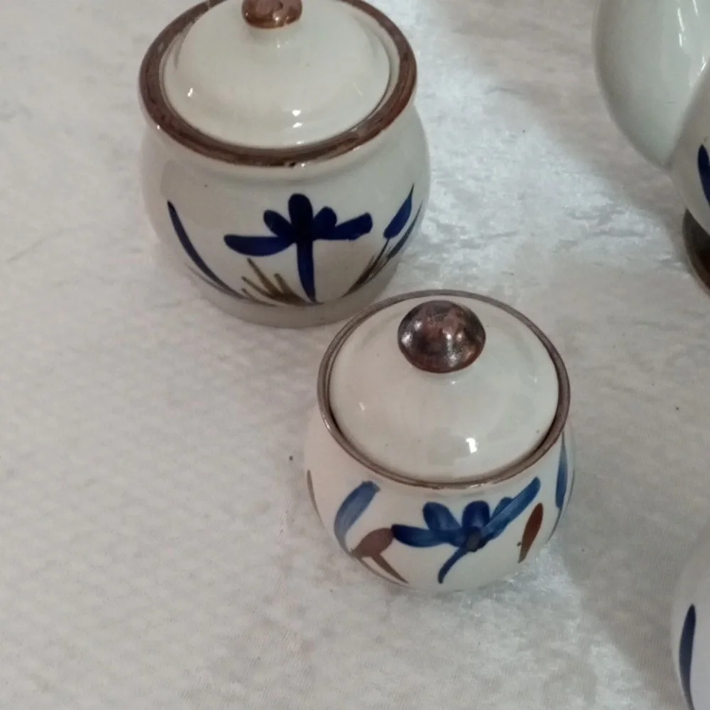 Vintage Japanese Blue Lotus Stoneware Coffee & Tea Set 12 Pc